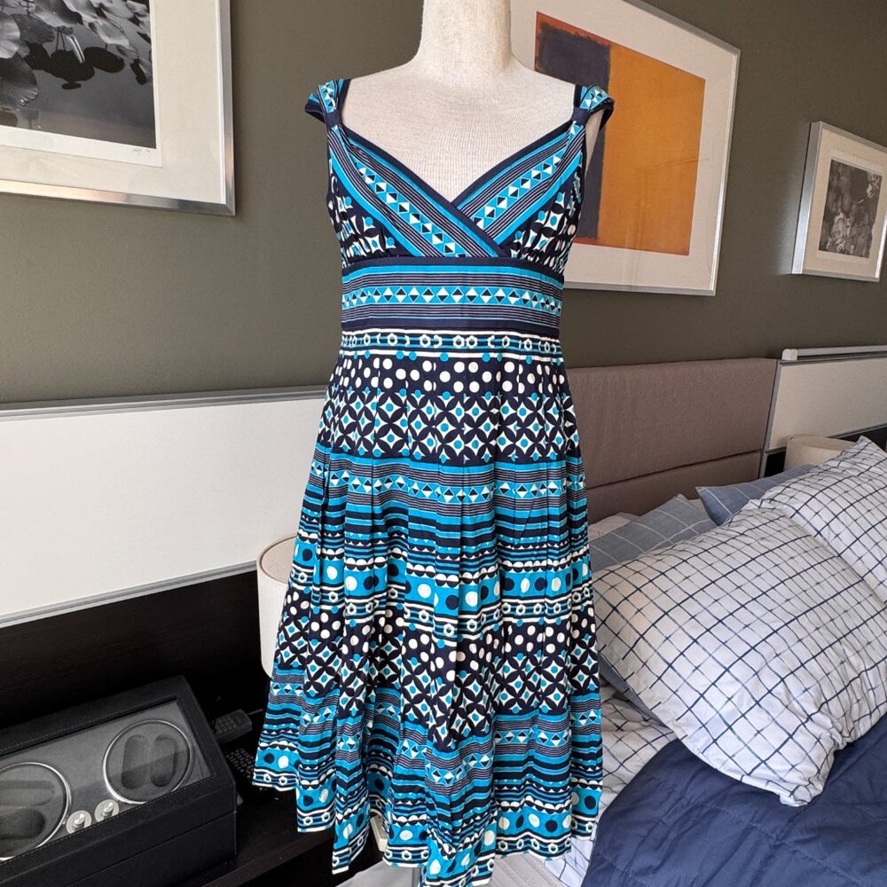 - Jones New York Floral Geometric Stripes Full Skirt Summer Dress Cotton US 4